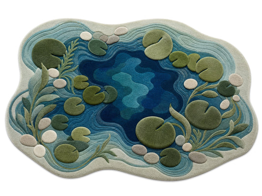 Hand Tufted Wool Rug|Blue Green Pond Shape Area Rug|Organic Modern Lily Pad Carpet