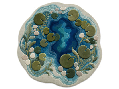 Hand Tufted Wool Rug|Blue Green Pond Shape Area Rug|Organic Modern Lily Pad Carpet