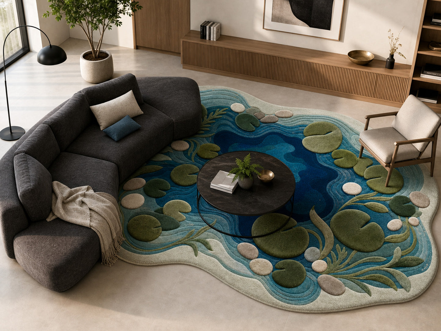 Hand Tufted Wool Rug|Blue Green Pond Shape Area Rug|Organic Modern Lily Pad Carpet