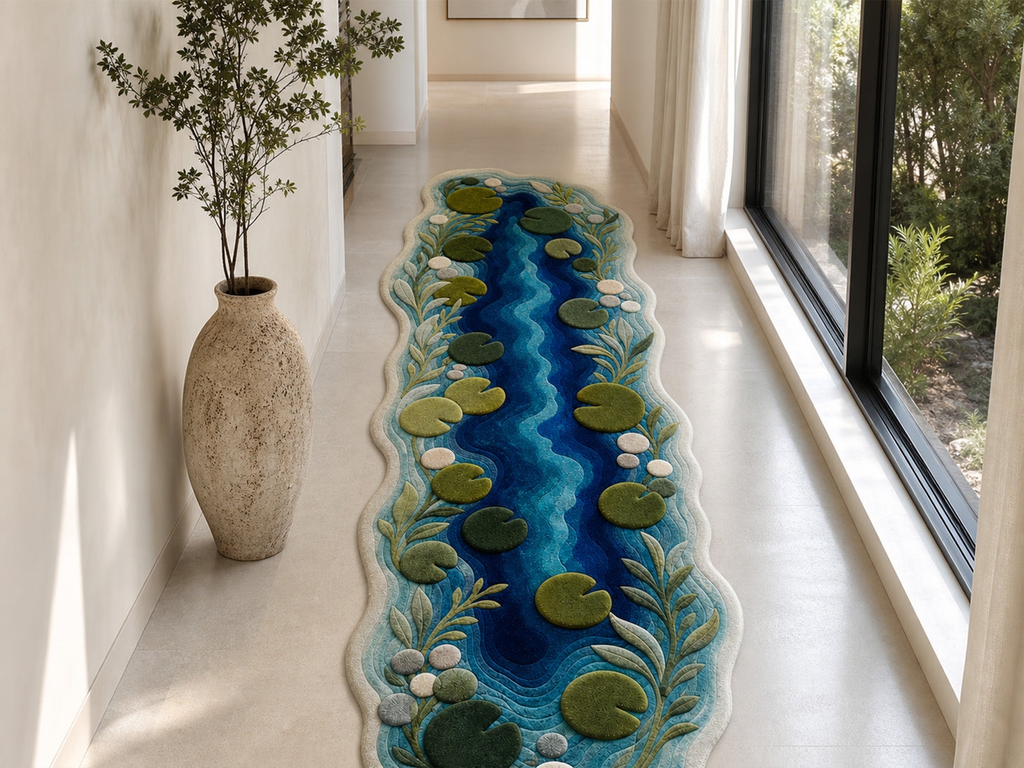 Hand Tufted Wool Rug|Blue Green Pond Shape Area Rug|Organic Modern Lily Pad Carpet