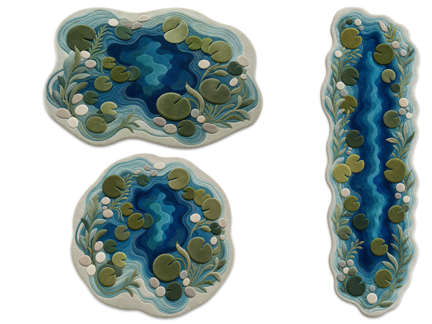 Hand Tufted Wool Rug|Blue Green Pond Shape Area Rug|Organic Modern Lily Pad Carpet