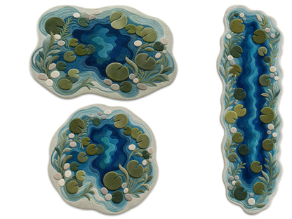 Hand Tufted Wool Rug|Blue Green Pond Shape Area Rug|Organic Modern Lily Pad Carpet