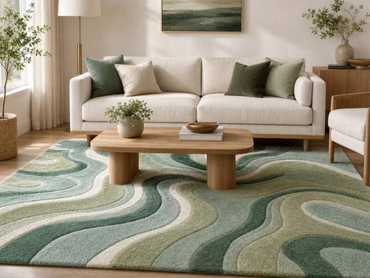 Hand Tufted Wool Abstract Rug | Teal Blue & Green Wavy Rug