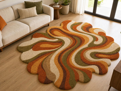 Hand Tufted Abstract Wool Rug | Retro Orange Green Organic Area Rug