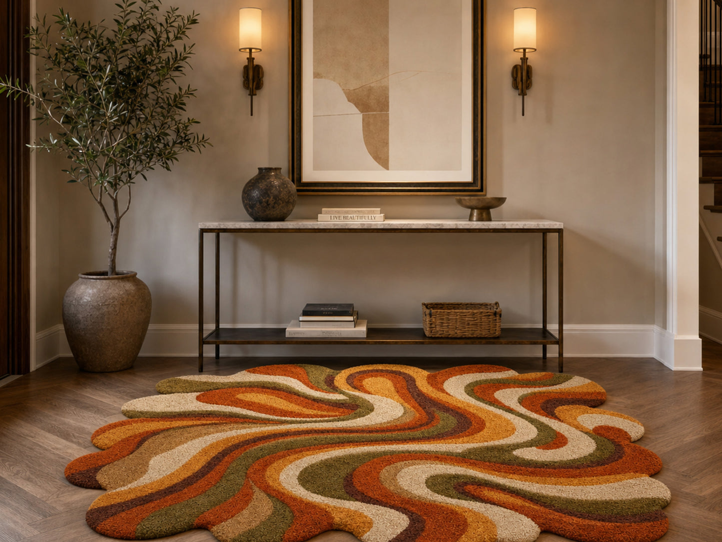 Hand Tufted Abstract Wool Rug | Retro Orange Green Organic Area Rug