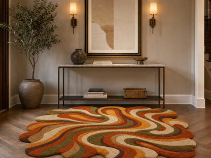 Hand Tufted Abstract Wool Rug | Retro Orange Green Organic Area Rug