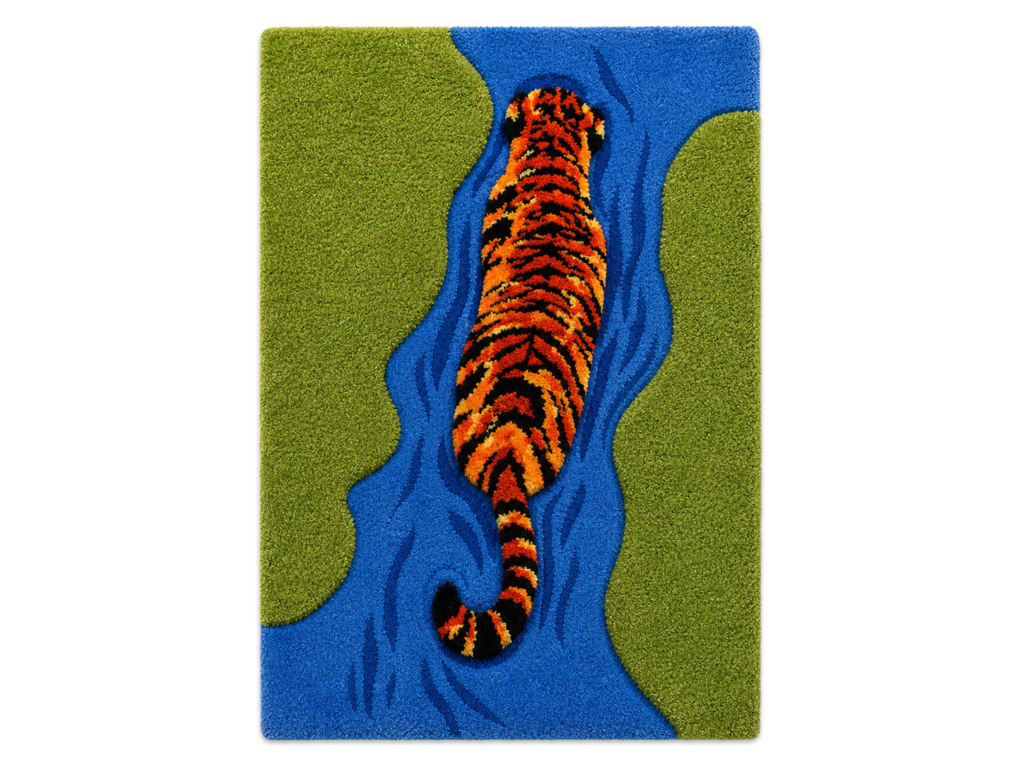 Hand Tufted Wool Tiger Rug in Blue, Green & Orange | Modern Animal Area Rug