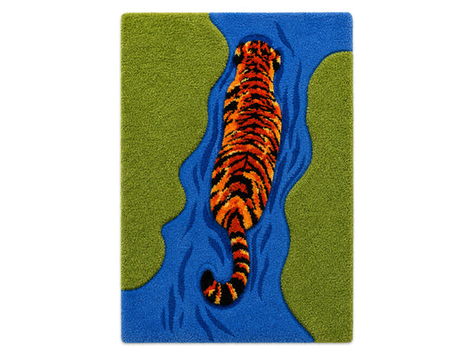 Hand Tufted Wool Tiger Rug in Blue, Green & Orange | Modern Animal Area Rug