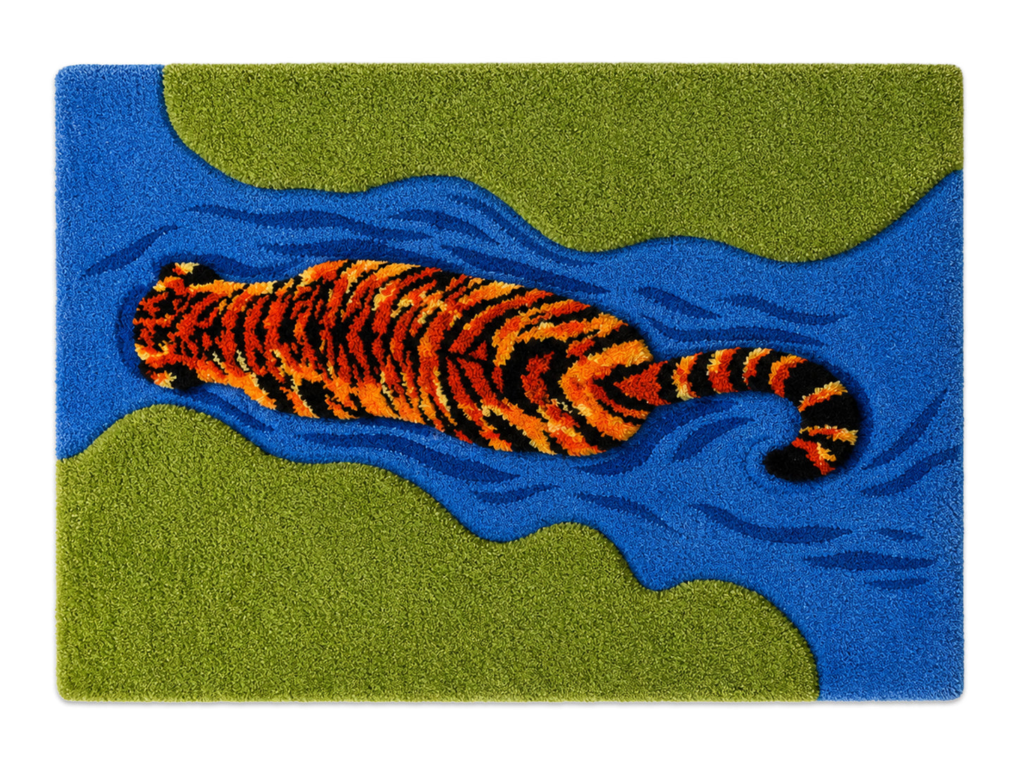 Hand Tufted Wool Tiger Rug in Blue, Green & Orange | Modern Animal Area Rug