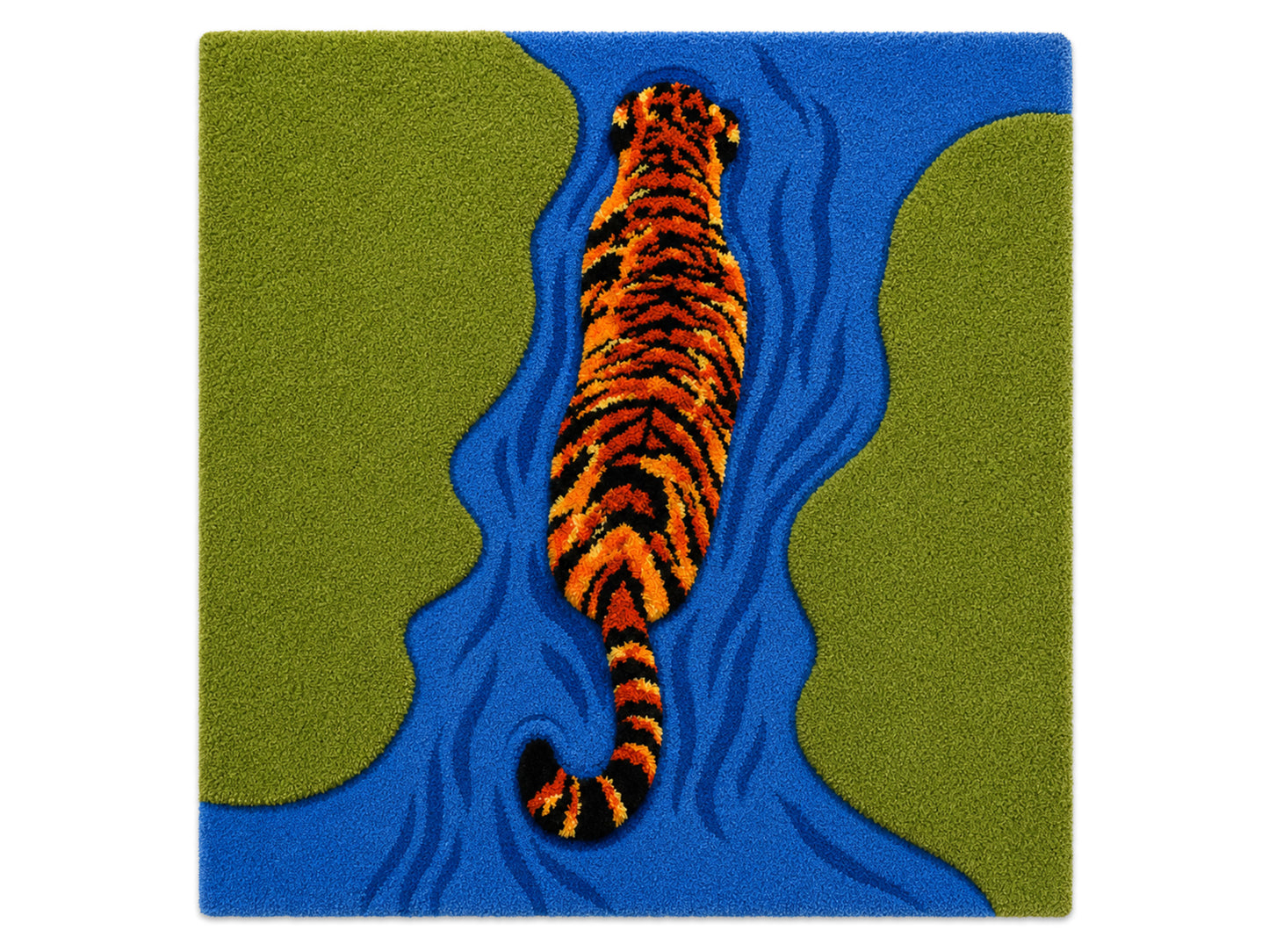Hand Tufted Wool Tiger Rug in Blue, Green & Orange | Modern Animal Area Rug