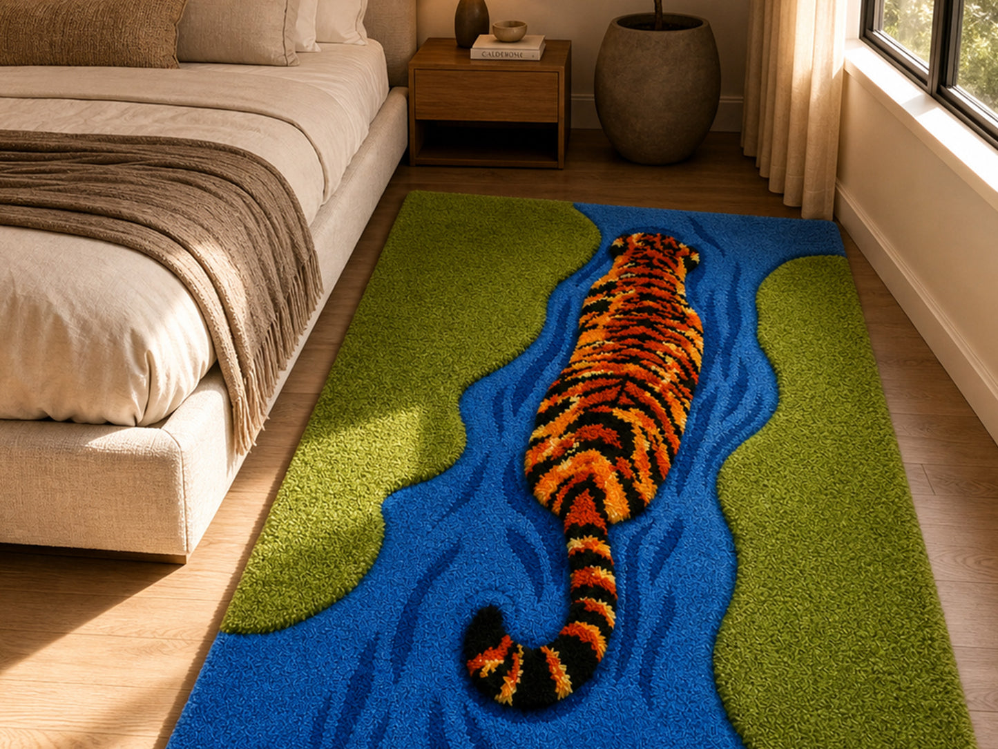 Hand Tufted Wool Tiger Rug in Blue, Green & Orange | Modern Animal Area Rug