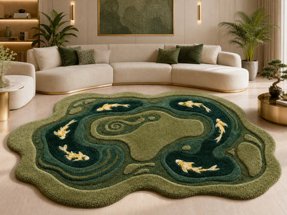 Hand Tufted Wool Koi Pond Rug | Irregular Shaped Area Rug | Nature Inspired Carpet