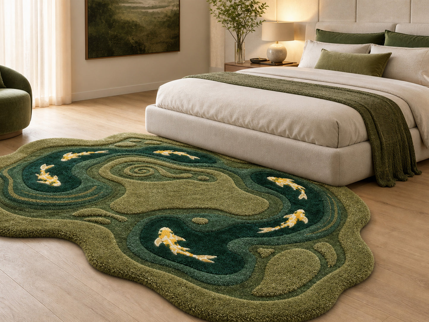Hand Tufted Wool Koi Pond Rug | Irregular Shaped Area Rug | Nature Inspired Carpet