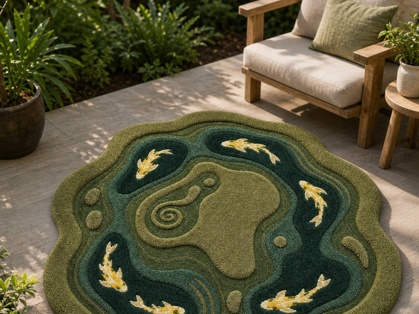 Hand Tufted Wool Koi Pond Rug | Irregular Shaped Area Rug | Nature Inspired Carpet