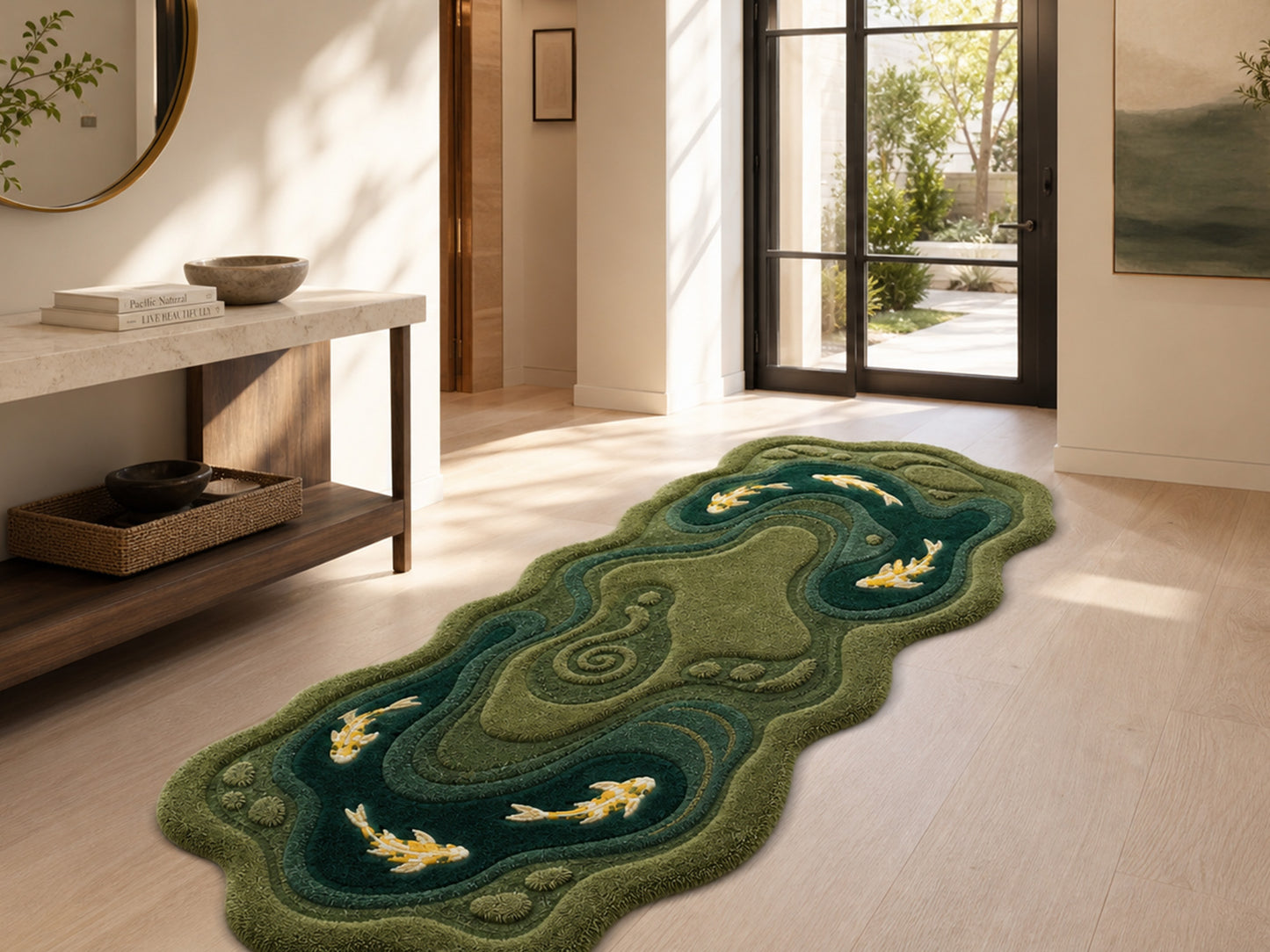 Hand Tufted Wool Koi Pond Rug | Irregular Shaped Area Rug | Nature Inspired Carpet