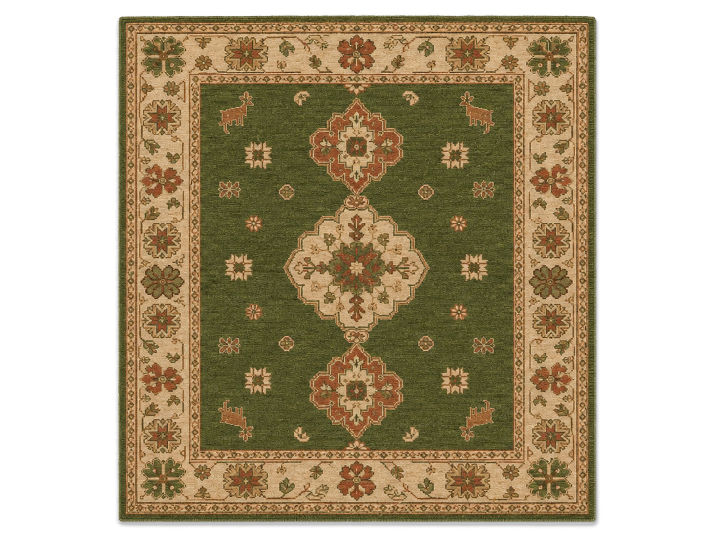 Hand Tufted Wool Rug| Olive Green Persian Kazak Rug |Traditional Tribal  Area Rug
