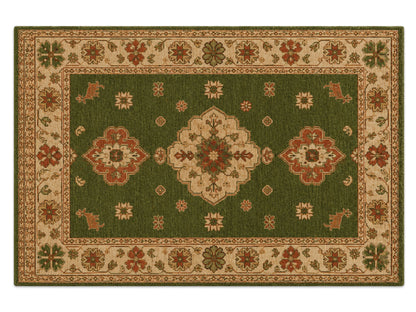 Hand Tufted Wool Rug| Olive Green Persian Kazak Rug |Traditional Tribal  Area Rug