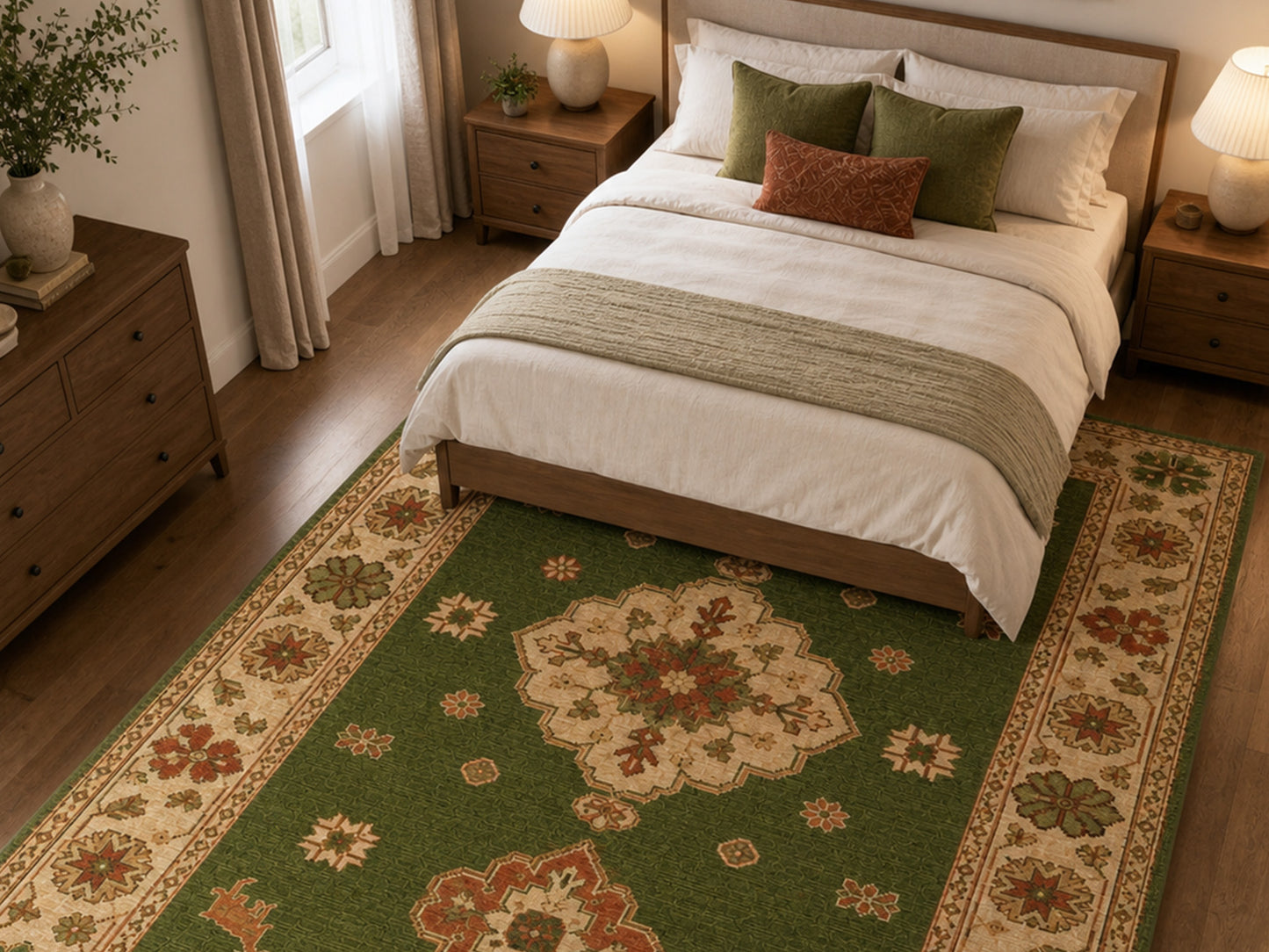 Hand Tufted Wool Rug| Olive Green Persian Kazak Rug |Traditional Tribal  Area Rug