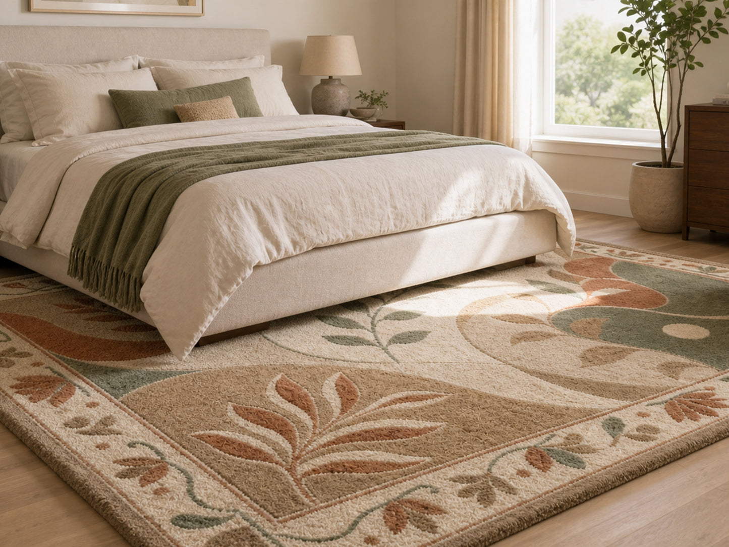 Hand Tufted Wool Rug| modern botanical abstract rug |Sage Green Terracotta Rug
