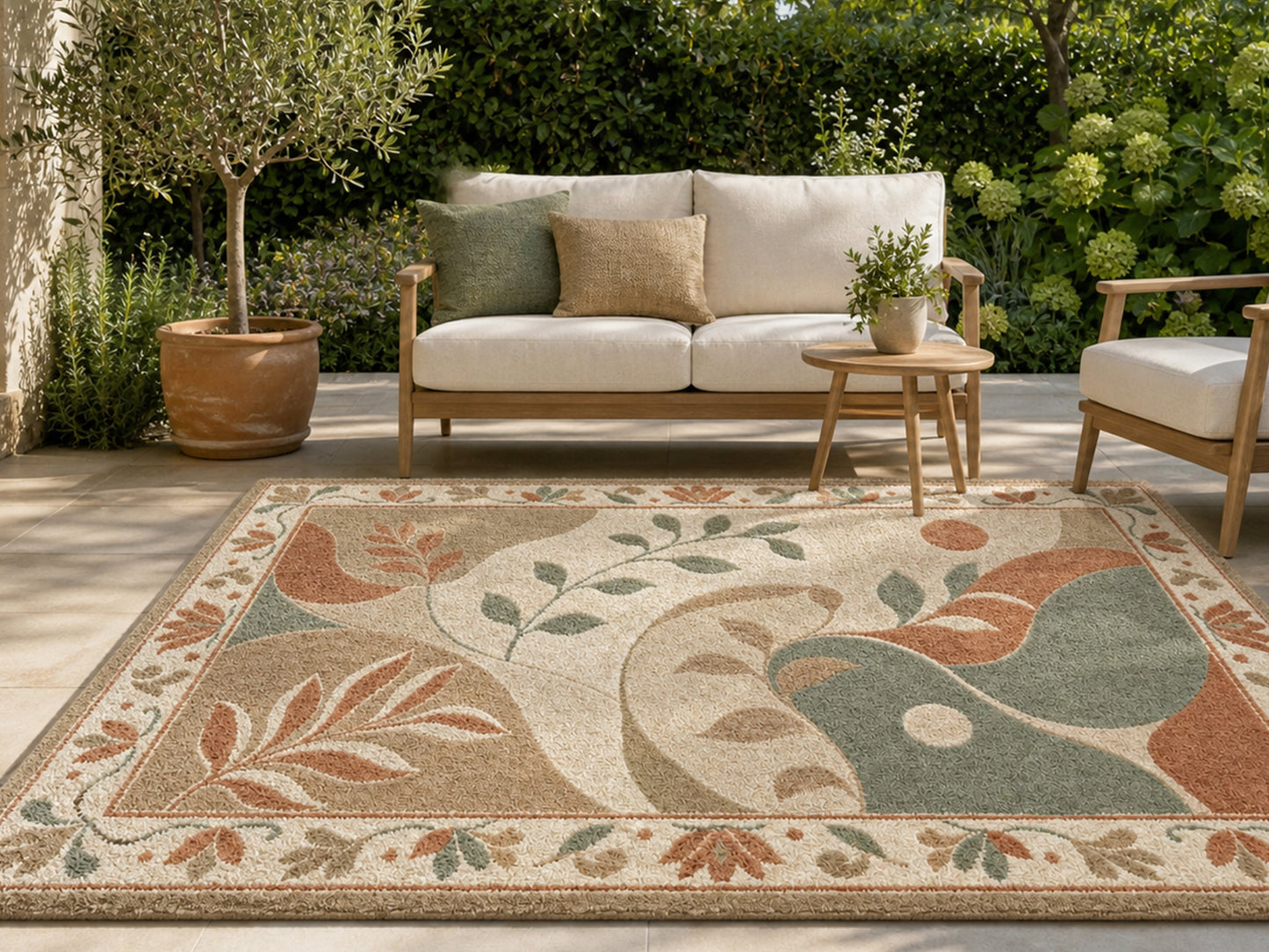 Hand Tufted Wool Rug| modern botanical abstract rug |Sage Green Terracotta Rug
