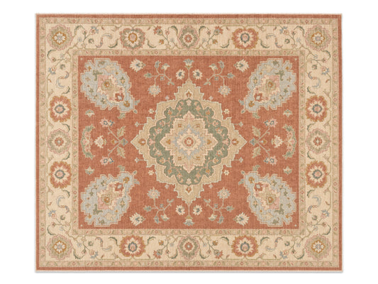 Hand Tufted Wool Rug| Terracotta & Ivory Wool Rug |Traditional Floral Medallion Area Rug