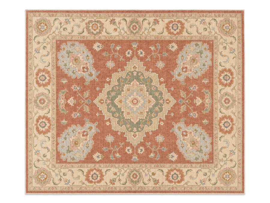 Hand Tufted Wool Rug| Terracotta & Ivory Wool Rug |Traditional Floral Medallion Area Rug