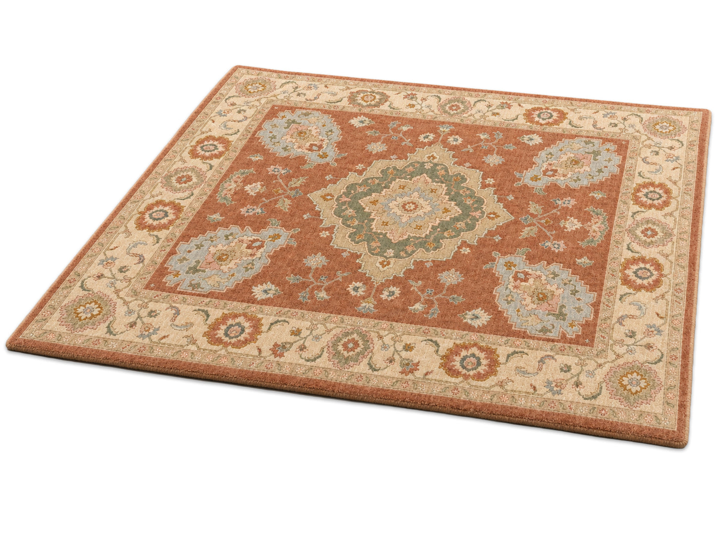 Hand Tufted Wool Rug| Terracotta & Ivory Wool Rug |Traditional Floral Medallion Area Rug
