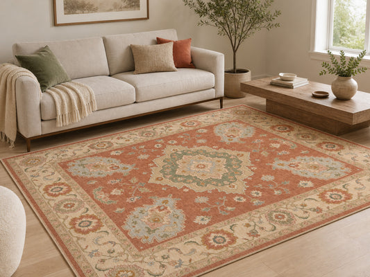 Hand Tufted Wool Rug| Terracotta & Ivory Wool Rug |Traditional Floral Medallion Area Rug