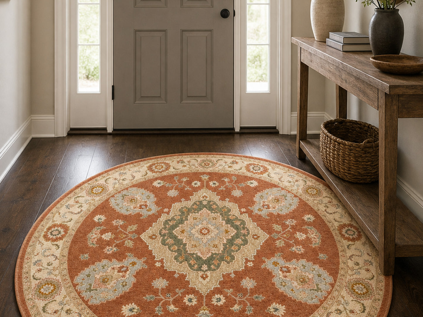 Hand Tufted Wool Rug| Terracotta & Ivory Wool Rug |Traditional Floral Medallion Area Rug