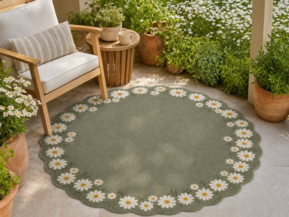 Sage Green Daisy Floral Scalloped Hand-Tufted Rug | Glaring Rugs