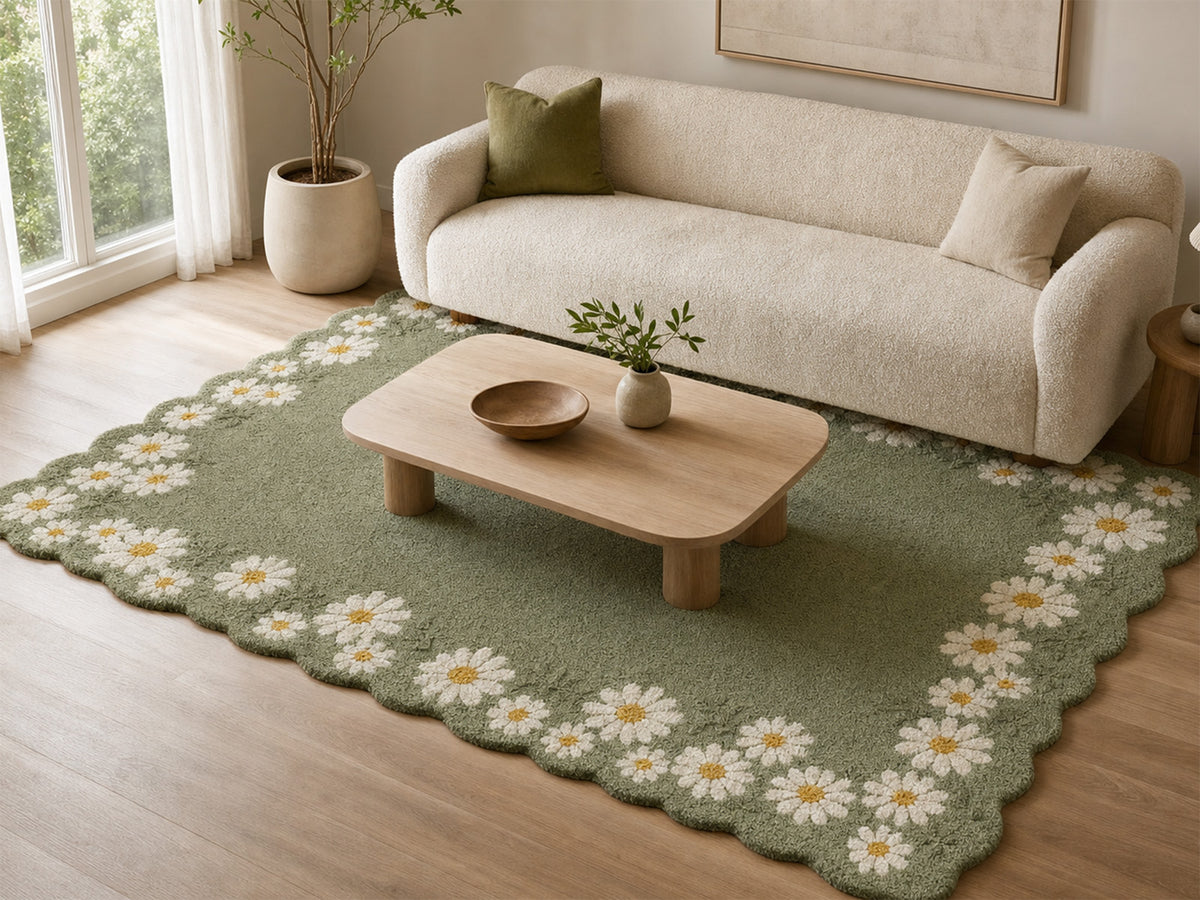 Sage Green Daisy Floral Scalloped Hand-Tufted Rug | Glaring Rugs