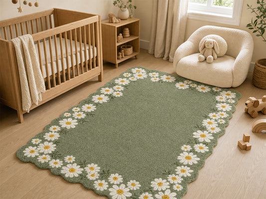 Sage Green Daisy Floral Scalloped Hand-Tufted Rug | Glaring Rugs