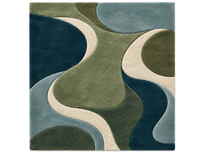 Teal Green Abstract Wave Hand-Tufted Wool Rug