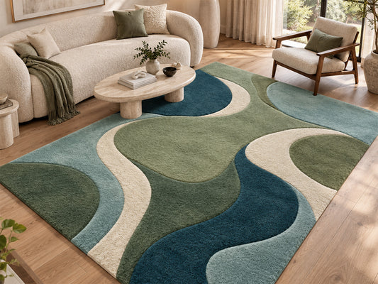 Teal Green Abstract Wave Hand-Tufted Wool Rug