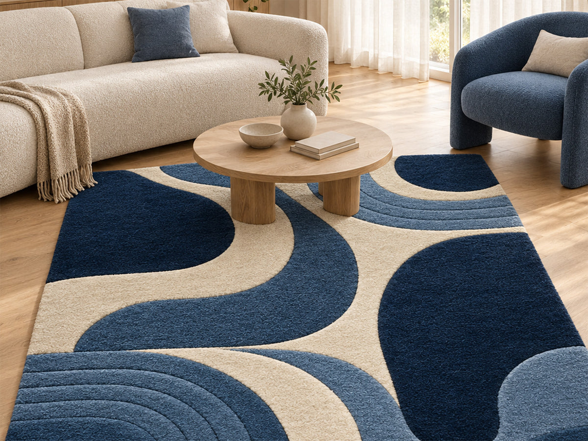 Navy Blue Retro Arch Hand-Tufted Wool Rug