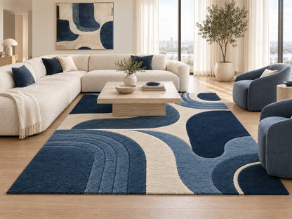 Navy Blue Retro Arch Hand-Tufted Wool Rug