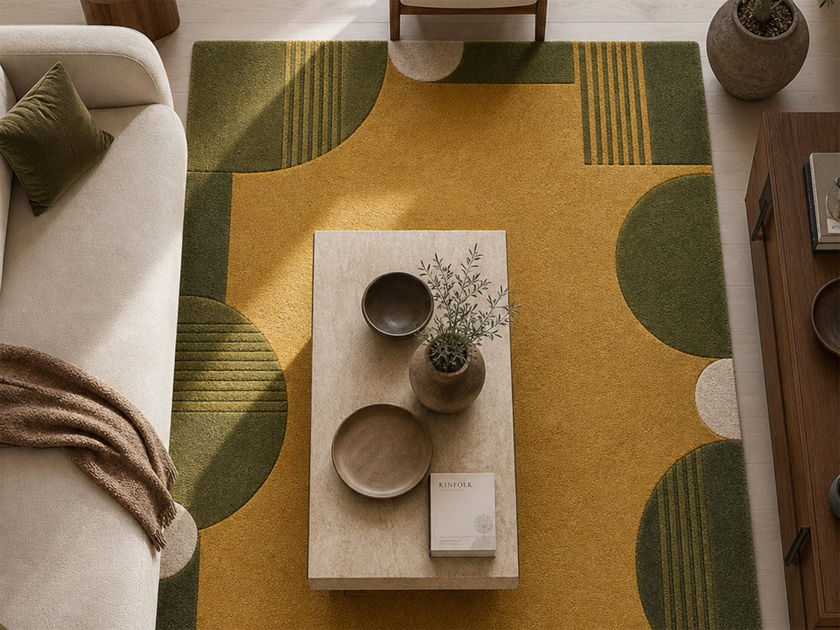 Mustard Gold & Olive Green Geometric Hand-Tufted Wool Rug | Glaring Rugs