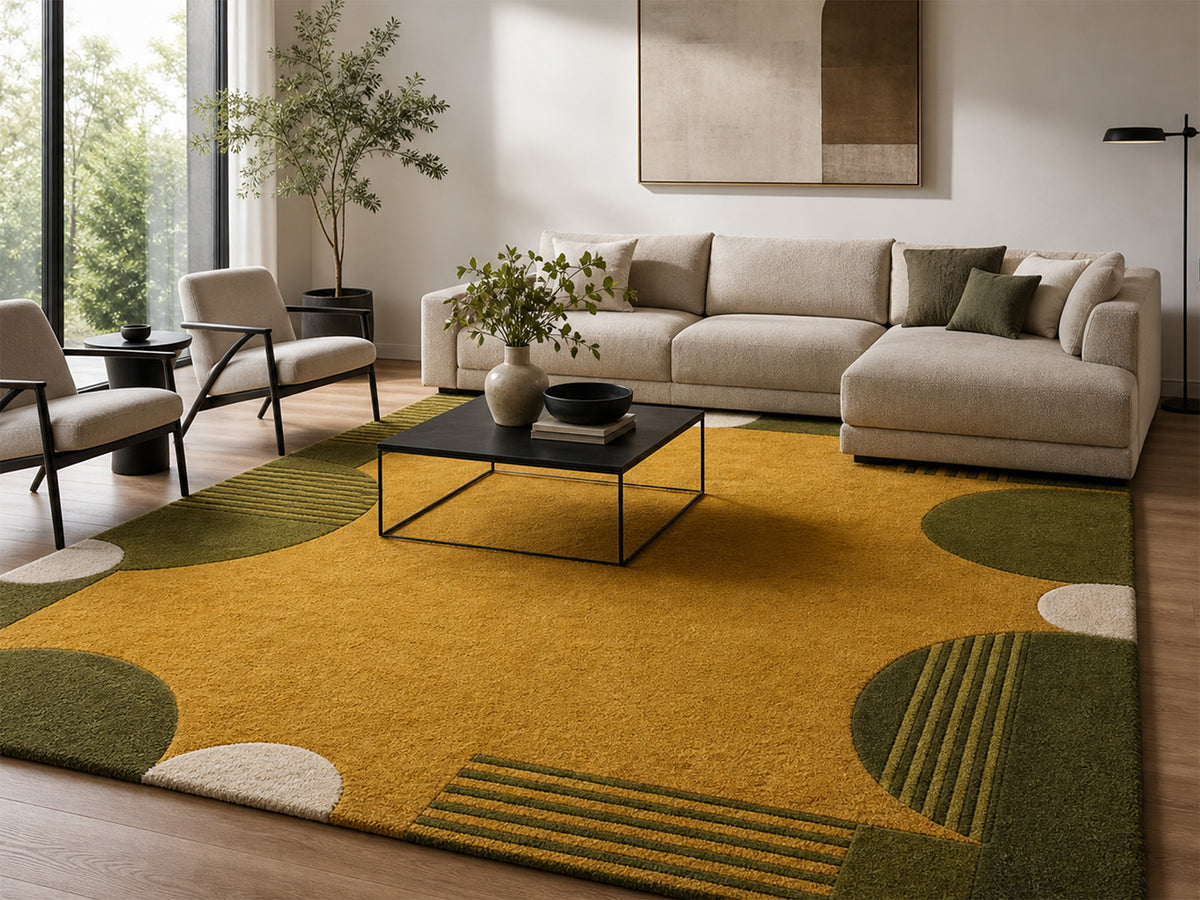 Mustard Gold & Olive Green Geometric Hand-Tufted Wool Rug | Glaring Rugs