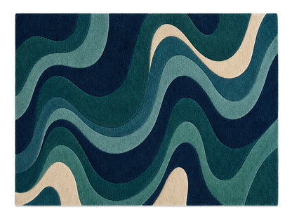 Navy Teal Abstract Wave Hand-Tufted Wool Rug
