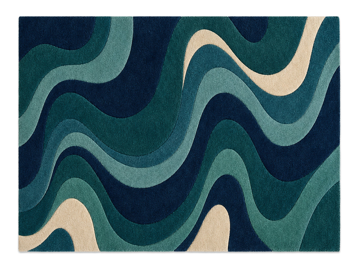 Navy Teal Abstract Wave Hand-Tufted Wool Rug