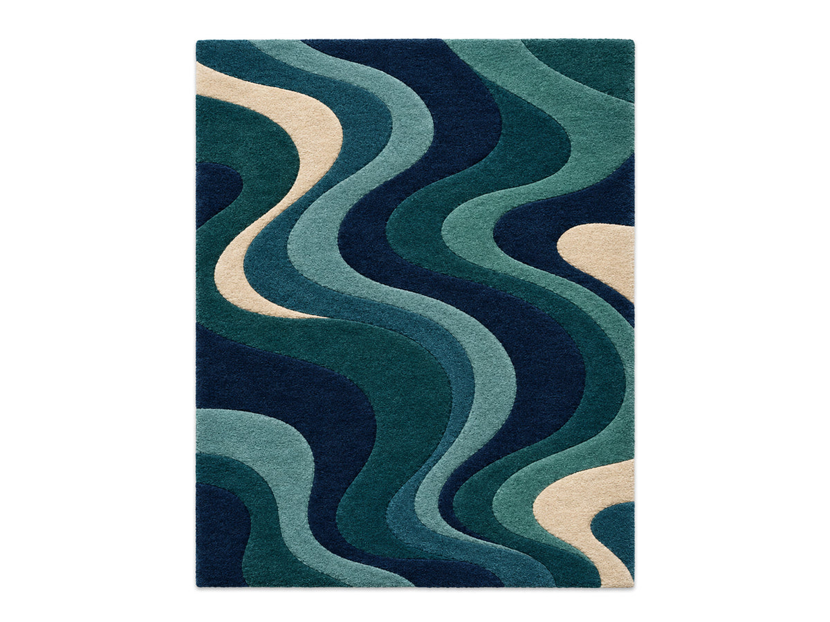Navy Teal Abstract Wave Hand-Tufted Wool Rug