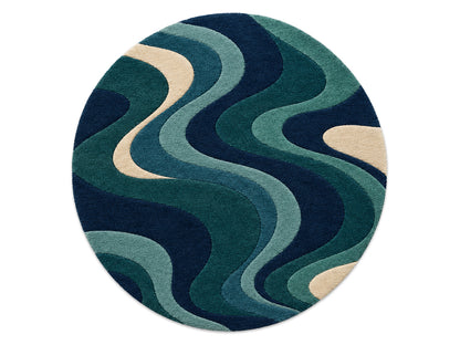 Navy Teal Abstract Wave Hand-Tufted Wool Rug