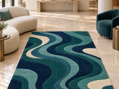 Navy Teal Abstract Wave Hand-Tufted Wool Rug