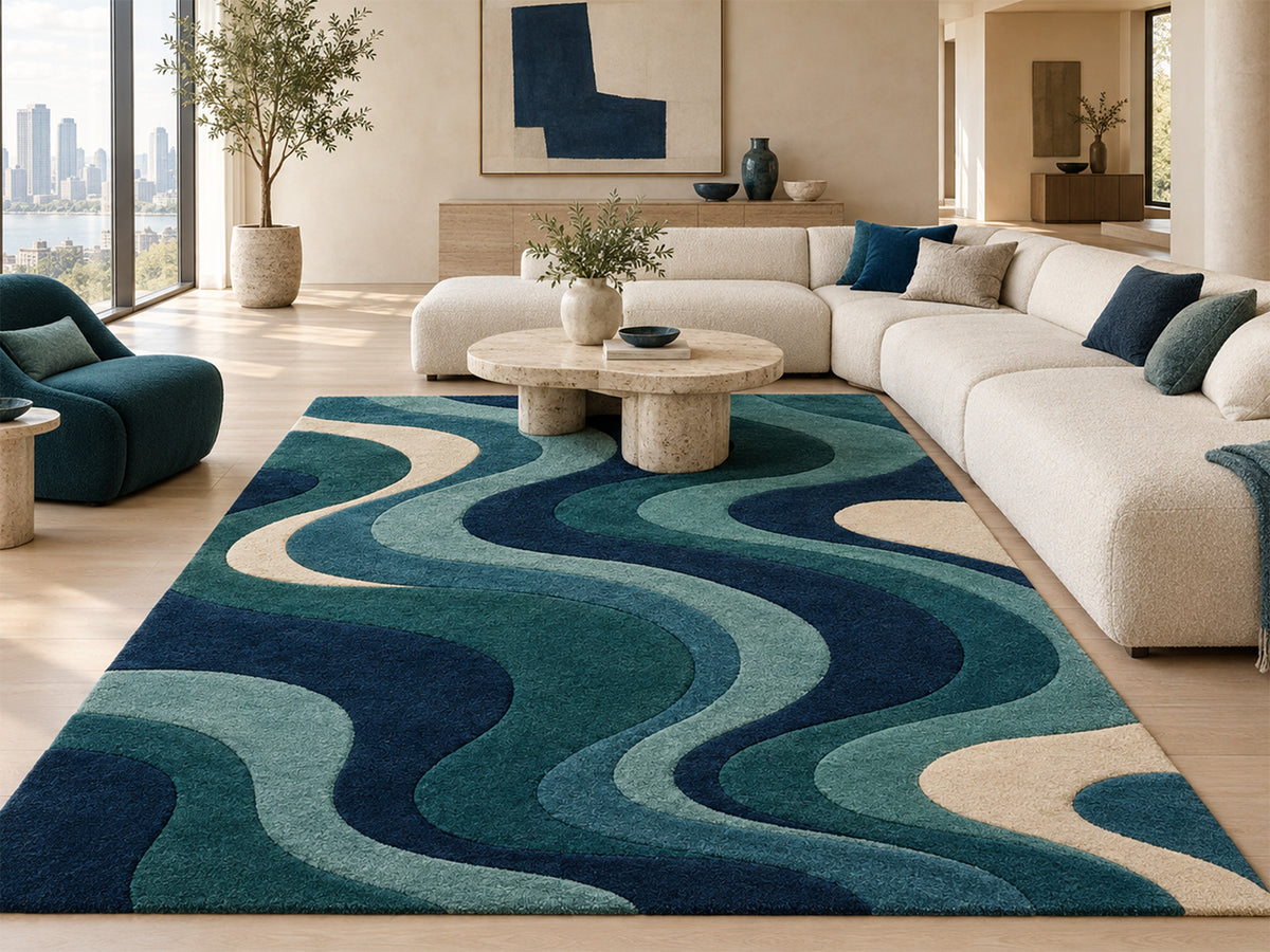 Navy Teal Abstract Wave Hand-Tufted Wool Rug