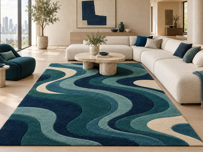 Navy Teal Abstract Wave Hand-Tufted Wool Rug