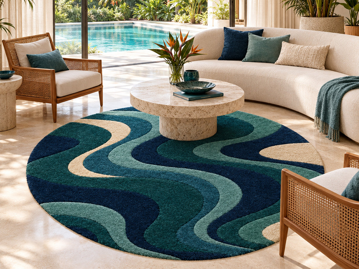 Navy Teal Abstract Wave Hand-Tufted Wool Rug
