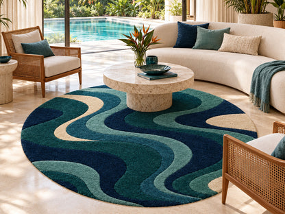 Navy Teal Abstract Wave Hand-Tufted Wool Rug