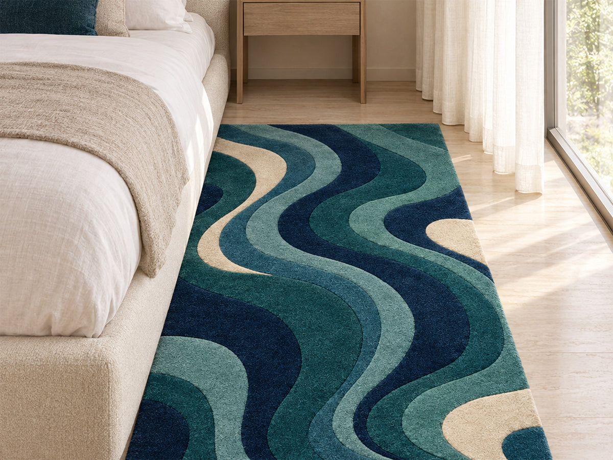Navy Teal Abstract Wave Hand-Tufted Wool Rug