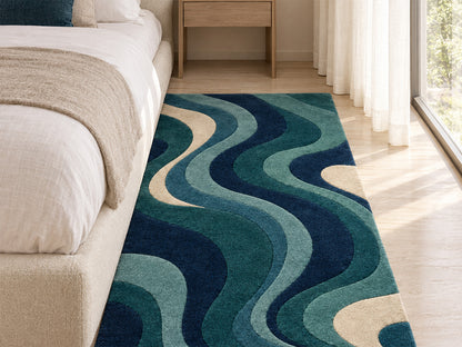 Navy Teal Abstract Wave Hand-Tufted Wool Rug