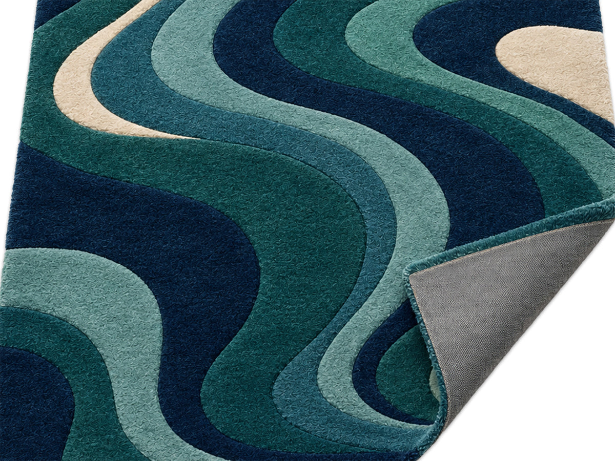 Navy Teal Abstract Wave Hand-Tufted Wool Rug